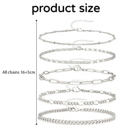 Set of 5 Bracelets, Chains Bracelet Set, Snake Chain Bracelet, Stackable Silver Bracelet Set, Stainless Steel Adjustable Bracelet Set, Fashion Jewellery for Women and Girls