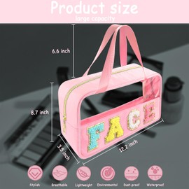 Bunliuys Chenille Letter Clear Makeup Bag Face Patch, Travel Toiletry Makeup Bag with Handle, Nylon Waterproof Makeup Bags clear cosmetic bag, preppy patch makeup bag for Women (FACE-Pink)