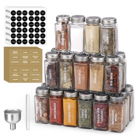 Antimbee 28 Pcs Clear Glass Spice Jars,3.5 oz Glass spice jar with 324 labels, Funnel,Chalk Pen,Shaker Lids and Airtight Metal Caps, Empty Square Spice Bottles for Spice Rack, Cabinet, Drawer