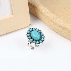 IMINI Turquoise Ring for Women Girls Boho Flower Oval Open Adjustable Retro Stackable Joint Finger Ring American Western Cowgirl Antique Jewelry Gemstone Simulated Ring Birthday Graduation Gifts