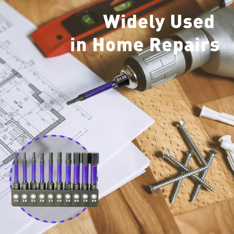 Impact Hex Bit Set, 10-Piece, 1.5-8mm, S2 Steel, 1/4-inch Shank