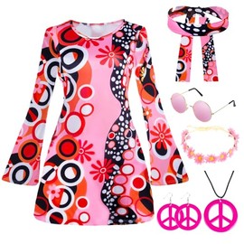 Kitimi Hippie Kostüm Damen 60er 70er Jahre Bekleidung Damen, 60er 70er Disco Kostüm Damen, Faschingskostüme Flower Power Kleidung Damen, 7-teiliges Hippie Kostüm Set mit Hippie Kleid Hippie Accessoires