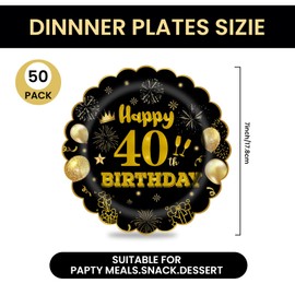 EVYIENEN 50Pcs 40th Birthday Party Paper Plates,7inch Disposable Black and Gold Scalloped Dessert Party Plates for Birthday Wedding Anniversary Reception Event Decorations