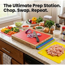 Cooler Kitchen Wooden Cutting Boards for Kitchen with 6 Flexible Plastic Mats - Meal Prep and Serving, Easy Clean Bamboo Cutting Board and Dishwasher Safe Plastic - Large Wood Cutting Board Set