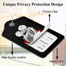 Skeletons Lovingly 2 Pack PU Leather Luggage Tags with Stainless Steel Loop, Funny Human Skull Lovers Travel Labels with Privacy Cover ID Label for Quick Spotting