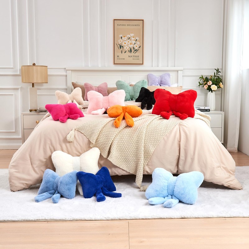 XVTRU Dusty Blue Bow Pillow, Soft Bow Decorative Pillows with