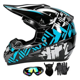 Youth Dirt Bike Helmets Kids Motocross, ATV, BMX, Four Wheeler Mountain Bike, Off-Road Motorcycle Helmet with Goggles, Gloves, Face Shield for Boys Girls - DOT Approved (SY-Blue, X-Small)
