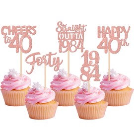 30PCS 40th Birthday Cupcake Toppers Glitter Forty Happy 40th Straight Outta 1984 Cupcake Picks for Cheers to 40 Years 40th Birthday Wedding Anniversary Party Decorations Supplies Rose Gold