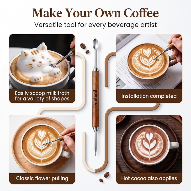 Wood Handle Stainless Steel Coffee Latte Art Pen - Barista