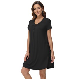 WiWi Short Sleeve Nightgowns for Women Soft Sleepwear Loose Comfy Sleep Shirts Viscose from Bamboo Pj DressS-XXL, Black, Medium