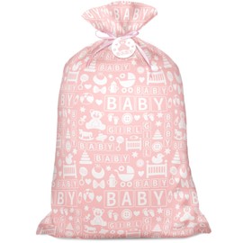 56" Pink Jumbo Plastic Gift Bag, Baby Girl Design Extra Large Plastic Bag with Tag and Tie for Birthday, Baby Shower and Holiday