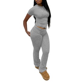 Women's 2 Piece Lounge Sets Short Sleeve Crop Tops High Wasit Foldover Flare Leggings Pants Casual Workout Outfits Tracksuit -Light Grey-L