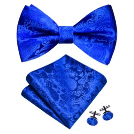 GUSLESON Mens Royal Blue Bow Tie Pocket Square Set for Wedding Pre-Tied Solid Paisley Bowties Handkerchief Cufflinks for Party (0497-10)