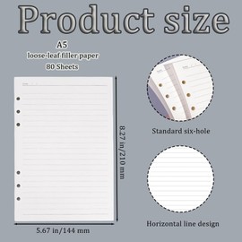 A5 Lined Paper Refills Pad, 80 Sheet A5 Refillable Loose-Leaf Punched Pages Refill Pads for Notebook Class Meeting Records Diary Inserts