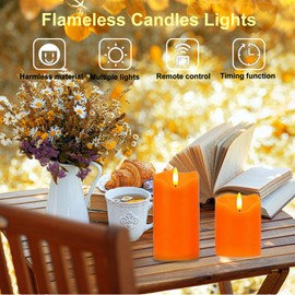 Flameless Candles Lights, 3 Pack Orange Flickering Pillar Candles Battery Operated with Remote and Timer, Real Wax Electric Candles for Wedding Holiday Home Fall Decor