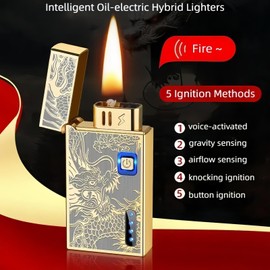 NINSI Smart Kerosene Soft Flame Refillable Lighter, Dual Arc Plasma USB Rechargeable Lighter, Oil & Electric 2-in-1 Lighters, 5 Ignition Methods, Dragon (Fuel Not Included) (Gold)