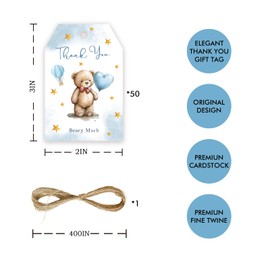 50pcs Bear Thank You Tags, Teddy Bear Gift Tag with String for Birthday Party, Cute Bear Birthday Thank You Paper Tags for 1st Birthday Party Favors