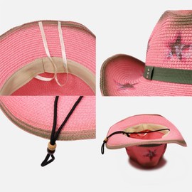 Unisex Cowboy Cowgirl Straw Hat with Chin Strap Classic Western Style Wide Brim Fedora Bucket Visor Cap Summer Beach Travel Outdoor Sun Protection Bohemia Hat