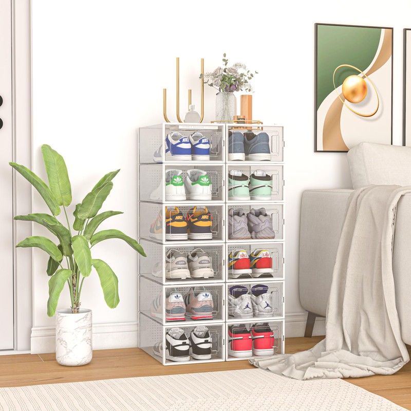 12 Pack Shoe Organizer Storage Bins, Clear Plastic Stackable Shoe