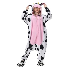 NEWCOSPLAY Animal Onesie Costume Adult Pajamas Plush One Piece Cosplay Costume(Pink Cow,X-Large)