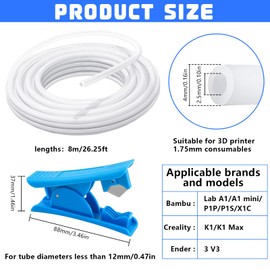 TTYSHIP® 8 m PTFE Hose, PTFE Hose 2.5 mm x 4 mm with Hose Cutter, Teflon Hose for 1.75 mm 3D Printer Filament (White)