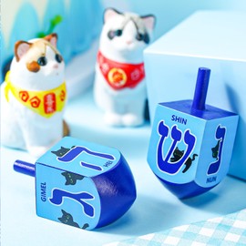 Wonderjune 2 Pcs Hanukkah Dreidels Extra Large Wooden Dreidel for Hanukkah Decoration with English Transliteration, Forever Spinning Tops(Cat)