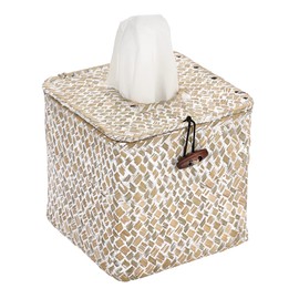 Sumnacon Tissue Box Cover Square Seagrass Tissue Box with Lid, Woven Tissue Box Holder Rustic Cube Tissue Cover for Bathroom Toilet Bedroom Living Room Kitchen Table Desk Office Car, Whitewash