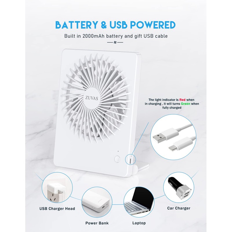 Zuvas Desk Fan Battery Operated Fan Rechargeable 180°Tilt Folding Personal