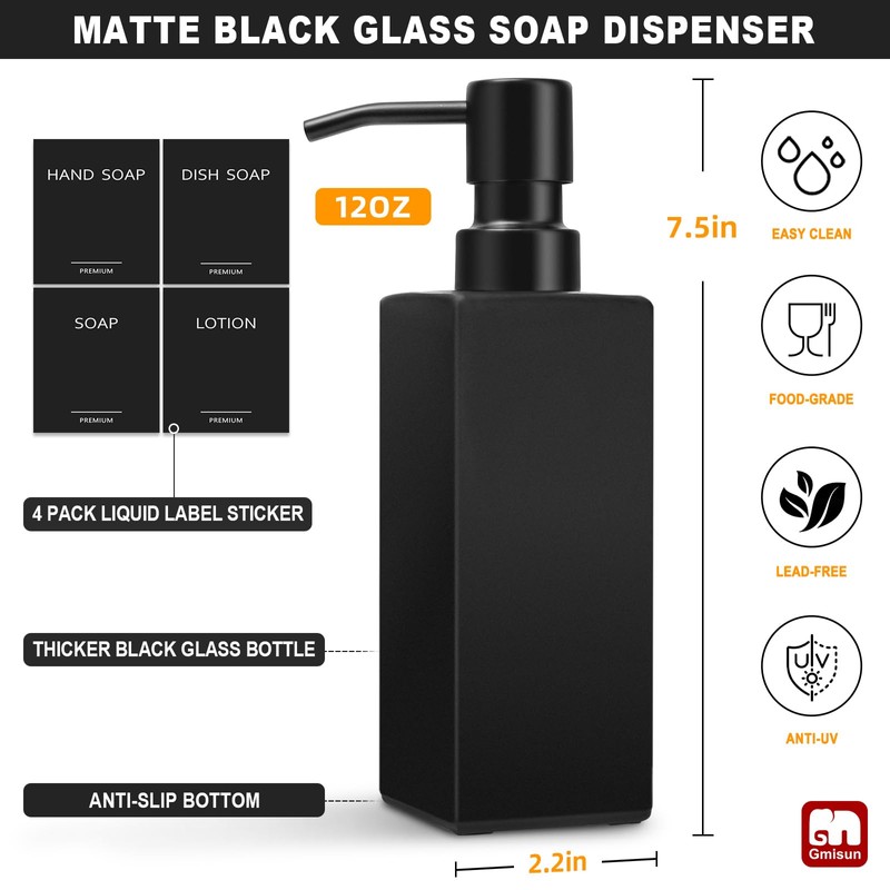 GMISUN Black Soap Dispenser, Hand Soap Dispenser Bathroom, 12oz Glass