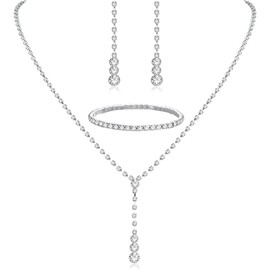 xdlhghe 3 Pcs Silver Jewelry for Women Prom Bridal Jewelry Set for Wedding Bridesmaid Engagement Costume Rhinestone Bracelet Necklace Earrings Sets Dangle Jewelry Gifts, Brass, Rhinestone