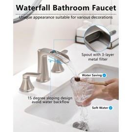 Fapully Brushed Nickel Bathroom Faucet 3 Hole, Waterfall 8 Inch Widespread Bathroom Sink Faucet with Pop-up Drain, Two-Handle Faucet for Bathroom Sink