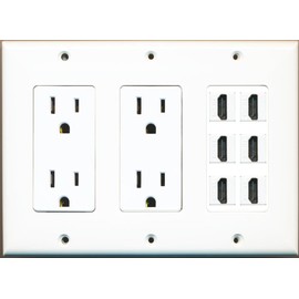RiteAV 15 Amp Duplex Power Outlet x 2 & 6 HDMI Triple Gang Wall Plate Decorative