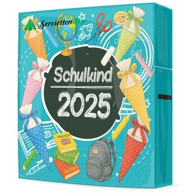 20 Servietten Schulanfang Einschulung türkis 2025 als Tischdeko. Papierservietten Einschulung Junge Mädchen endlich Schulkind. Auch für Decoupage und Serviettentechnik 33x33cm