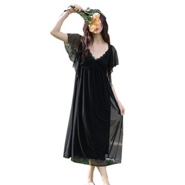 SINGINGQWEEN Womens' Short Sleeve Nightgown Vintage Nightdress Sleepwear Loungewear Girls Pajamas Wedding Nighties (black, medium)