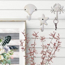 PRATYAHARA Set of 3 Starfish Seashell Crab Cast Iron Decorative Wall Hooks Coats Towels Hooks Beach Ocean Theme Metal Hooks