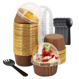 5oz Foil Cupcake Cups Muffin Tins 50 Pack,LNYZQUS Cupcake Liners with Dome Lids,Disposable Ramekins Pans Tins Wrappers Holders,Large Muffin Liners Baking Cups-Brown in gold