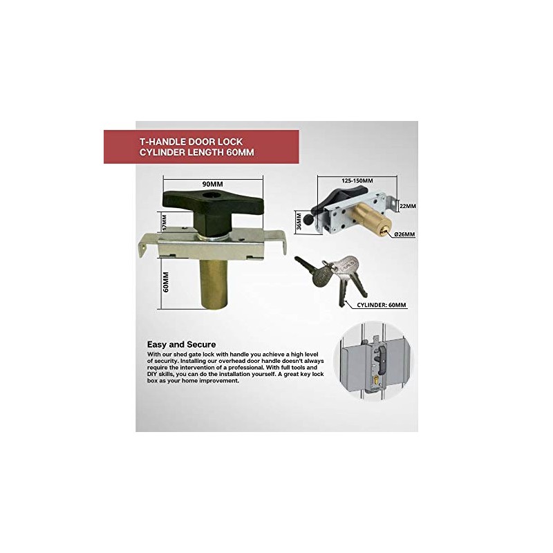 DOJA Industrial T-Handle Door Lock, Cylinder Length 60, 1 Unit,