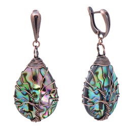 Tree of Life Hand Wrapped Iridescent Abalone Shell Teardrop Earrings for Women, Antique Copper Latch Backs