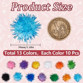 SUNNYCLUE Pack of 130 13 Colours Large Pompoms Pompom Balls in Large Quantities 30 mm Fibre Soft Fluffy Round Fluffy Tinsel Glitter Ball Glitter Cats/Kittens Hunting Pompoms for Crafts DIY Art