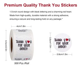500 Pcs Thank You for Your Order Stickers, 1.5 inch Small Business Retail Store Envelope Seals Sticker with Red Heart, Round Self-Adhesive Packaging Stickers Labels