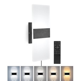 Plug in Wall Sconce with Remote Control, 3000K-6500K Stepless Color Temperature, 10%-100% Stepless Dimmable, 12W Plug in Wall Light, LED Acrylic Wall Sconce Plug in or Hardwired (1Pack, Black)