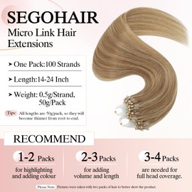 SEGOHAIR Micro Link Hair Extensions Human Hair Micro Bead Extensions Micro Loop Micro Ring Human Hair Extensions for Women Silky Straight Natural 50g/100 Stands 14" Golden Brown Mix Bleach Blonde