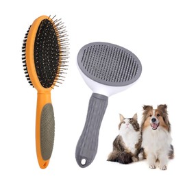 LIFEBEA 2-in-1 Pet Grooming Brush Set for Dogs & Cats – Double-Sided Pin & Boar Bristle Massage Comb + Self-Cleaning Deshedding Tool | Detangling, Shedding & Hair Removal for Short/Long Hair (Orange)