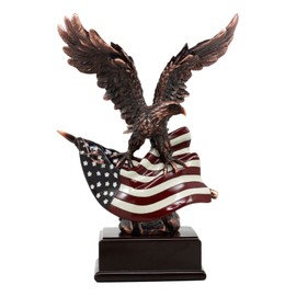 Ebros Wings of Glory Bald Eagle Clutching On American Flag Statue Bronze Electroplated Wildlife Eagle Figurine With Base Freedom Liberty Patriotic Figurine