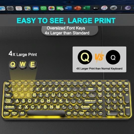 QUASIO Large Print Backlit Keyboard, Wired USB Lighted Computer Keyboards with 7-Color Backlit, Oversized Print Letters, Quiet Typewriter Keyboard with Retro Round Keycaps for Windows PC, Laptop