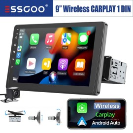 ESSGOO 1 DIN 9" Car Stereo Radio Touch Screen Apple CarPlay Android Auto BT USB Camera