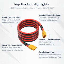 XT90 Extension Cable 20FT 10AWG, XT90 Male to Female Connector Silicone Wire for Solar Generators & Power Stations RC LiPo Batteries FPV Drones