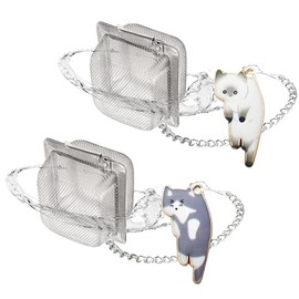 Juego de infusor de té para gato, 2 coladores de té de cubeta para té suelto, lindo dije de gato con dije de té, difusor de té de malla de acero inoxidable para extracción (blanco y gris)