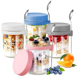 Ausein Recipientes de Avena de 350ML, 4 Pack Tarros de Vidrio con Tapa Hermética y Cuchara, Overnight Oats Jar Reutilizables para Yogurt, Café, Té,...