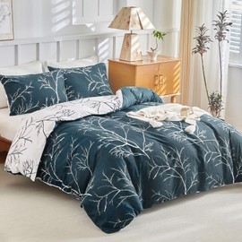 Tokokimo Blue Single Duvet Cover Set, Botanical Branch Printed Single Bedding Sets 2pcs (1x Duvet Cover + 1x Pillowcase) Soft Microfibre Single Duvet Cover Blue 135x200 cm, Blue/Printed